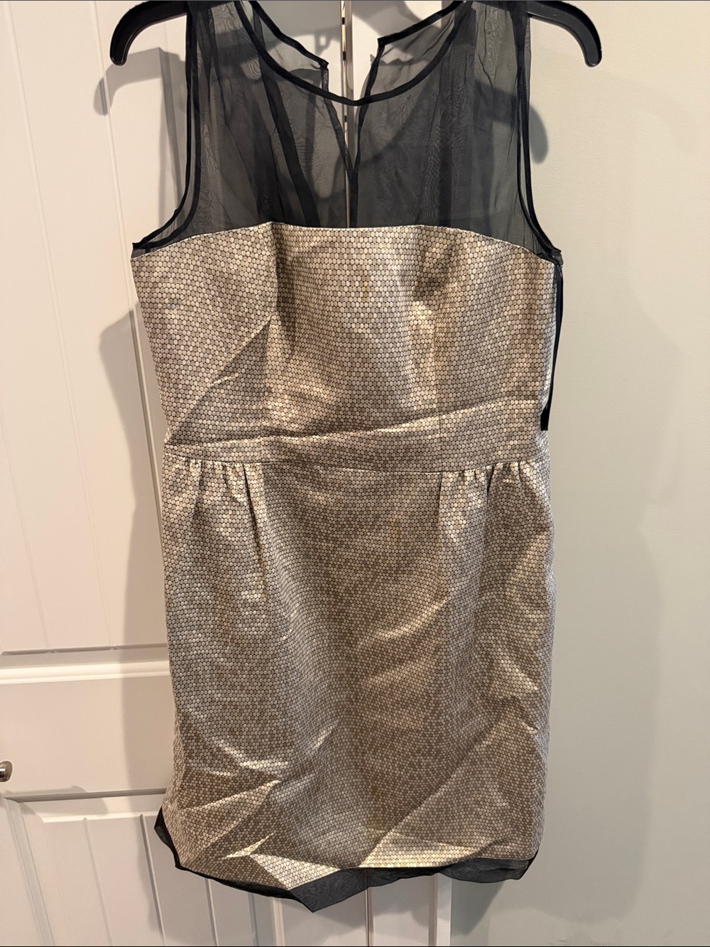 Metallic Gold Sheath Dress with Black Mesh Yoke